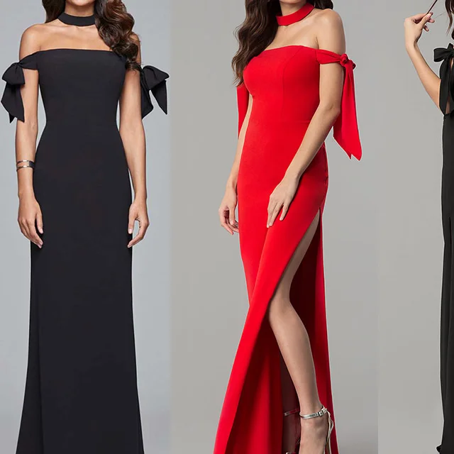 

2019 Vestido De Festa Sexy Slit Formal Dress Black Slash Neck Long Party Dresses Leg Slit Off Shoulder With Bowknot Gowns