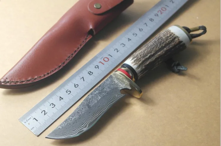 

2016 hot Straight knife outdoor Damascus steel knife antler hunting knife handle gift collection