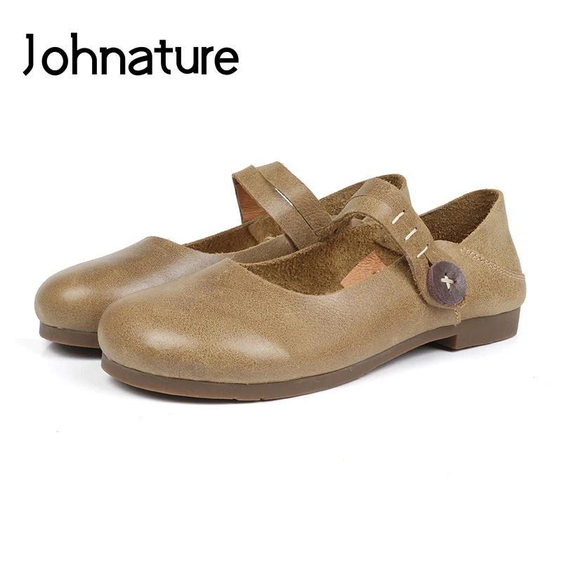 

Johnature 2019 New Spring/Autumn Genuine Leather Round Toe Buckle Strap Casual Sewing Retro Shallow Platform Women Shoes Pumps