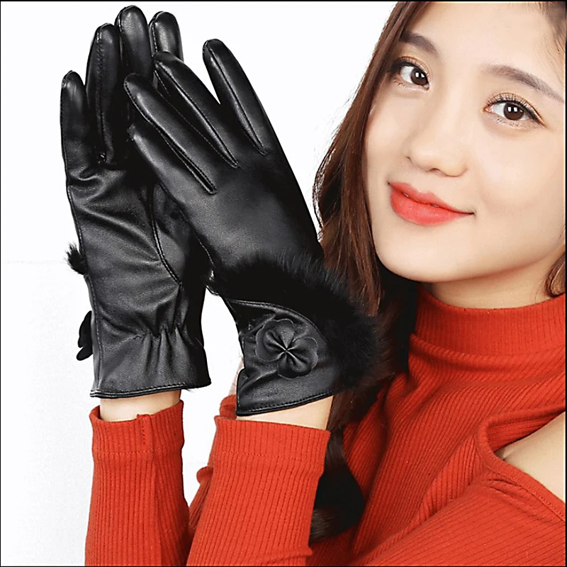 + Female Gloves Mitts Women Winter Glvoes Fur Bow Cuff Ladies Elegant