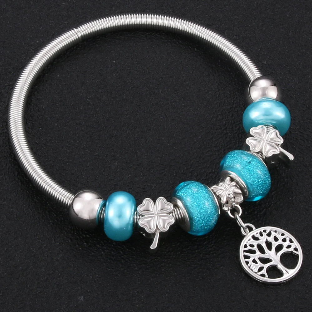 

Trendy Elastic metal beading Antique Original Tree Of Life Charm Bracelets For Women Glass Beads Brand Bracelet Bangle Jewelry