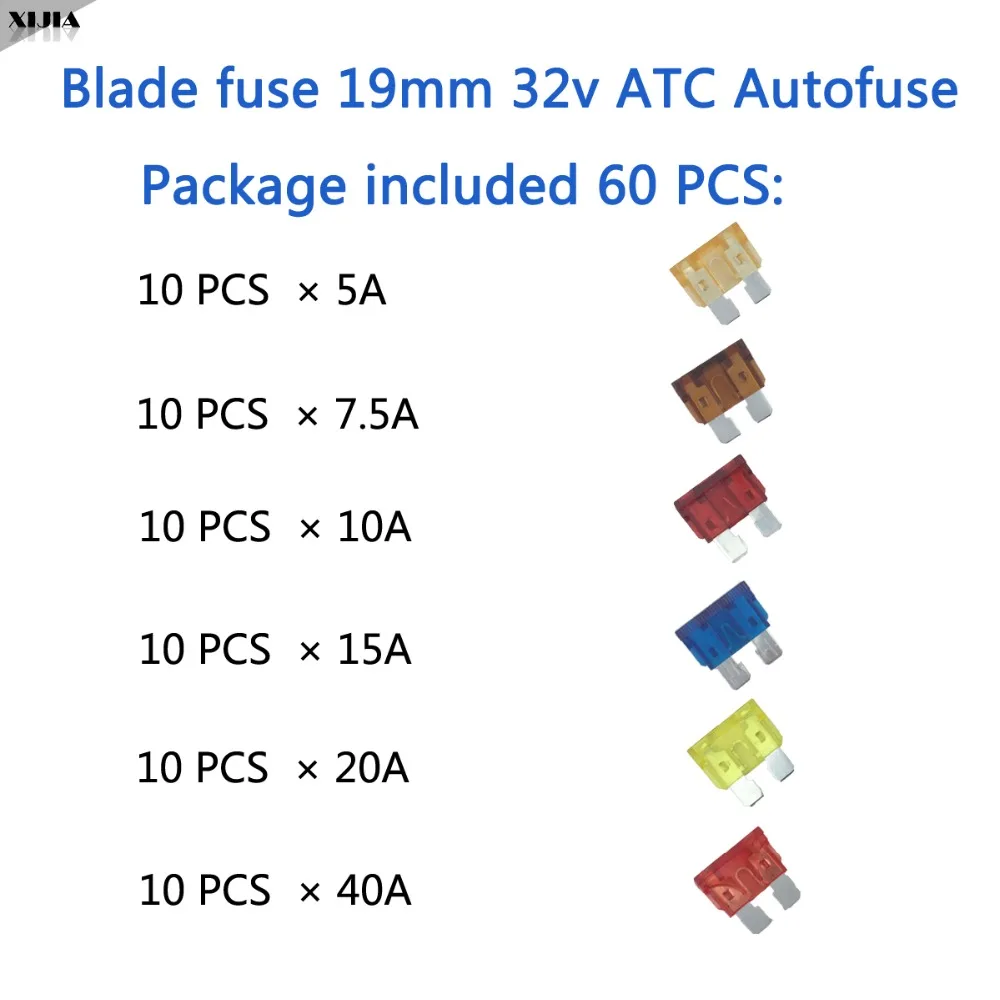 Package included 60 PCS 19mm 32V ATC Autofuse 5A 7 5A 10A 15A 20A 40A Blade