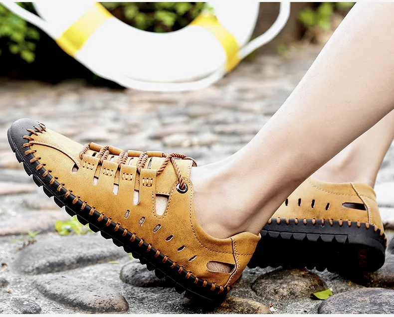 Мужские сандалии из натуральной кожи; сезон лето Высокое качество обувь пляжные шлепанцы Для мужчин повседневная обувь на шнурках; уличные мужские туфли, большой размер 38-48