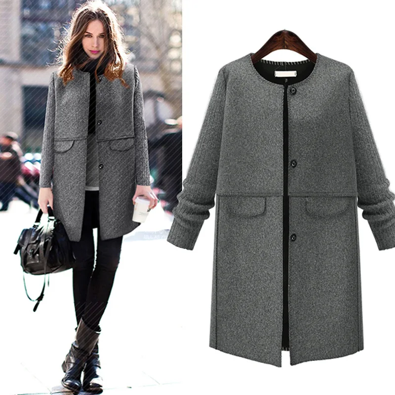 2016 Fashion womens winter coats Gray Long wool coat XL 5XLin Wool