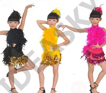 New hot sale blue red kids baby child girls sequin feather latin dance dress set for girl dancing stage clothes dance wear