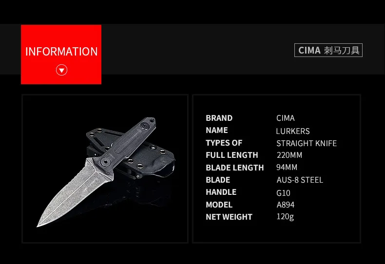 CIMA боевой нож с фиксированным лезвием, нож для выживания на открытом воздухе, нож для дайвинга G10 ручка, AUS-8 сталь