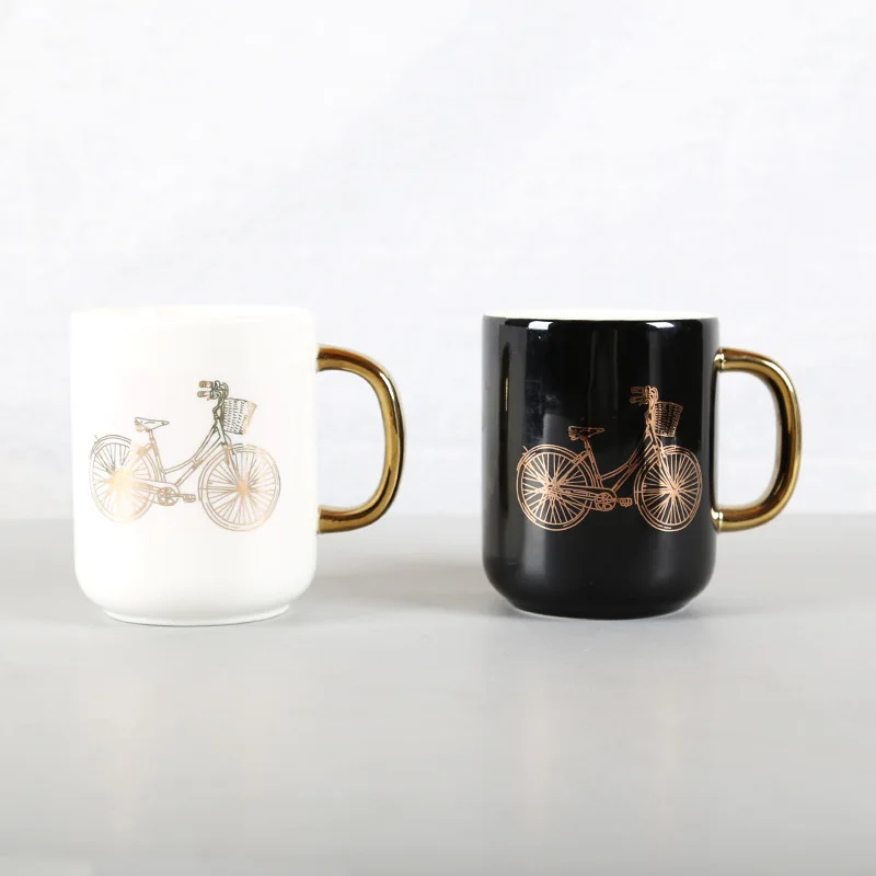 

Lekoch 350ml Solid White Black Ceramic Coffee Mug Funny Bicycle Gold Plating Mugs Travel Tea Milk Mug Office Home Couple Cup