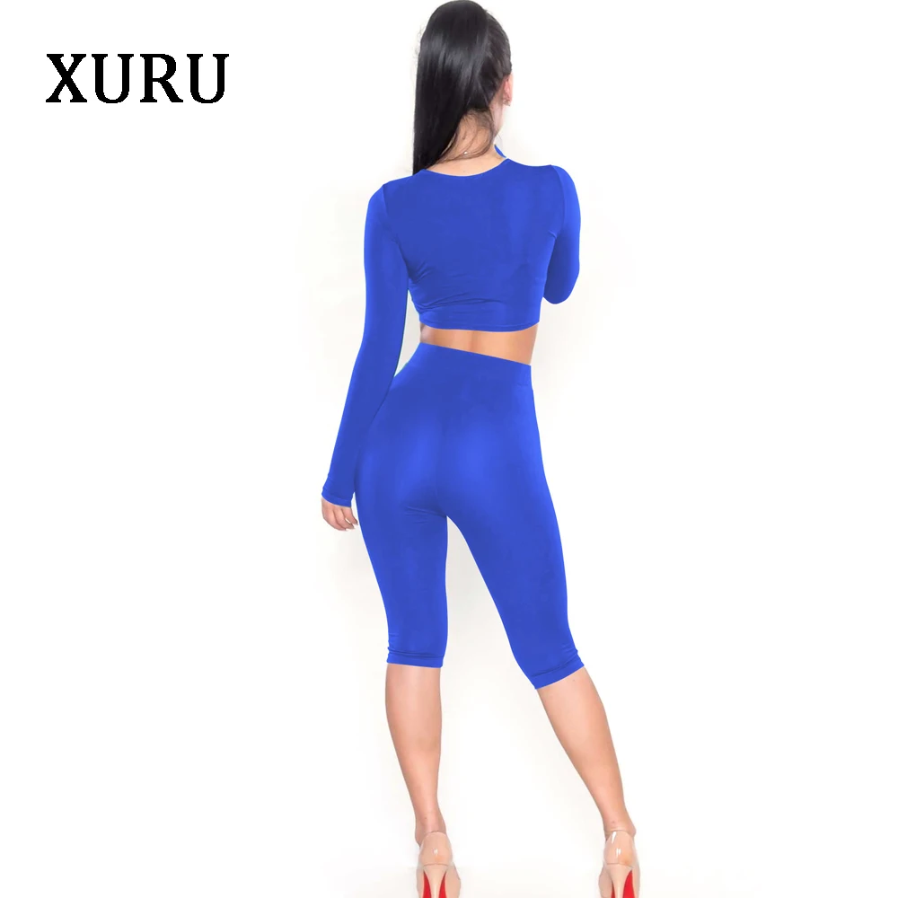 XURU Summer Playsuits Women Jumpsuit Rompers High Stretchy Solid Two Piece Set Long Sleeve Fitness Casual Rompers 2018 Summer 