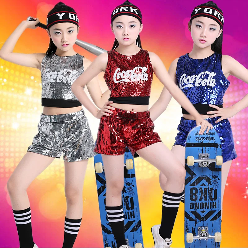 Sequin Suit Kid Jazz Dance Costumes Vest Suit For Girls Stage Clothing Hip-Hop Bar Dj Stage Perform