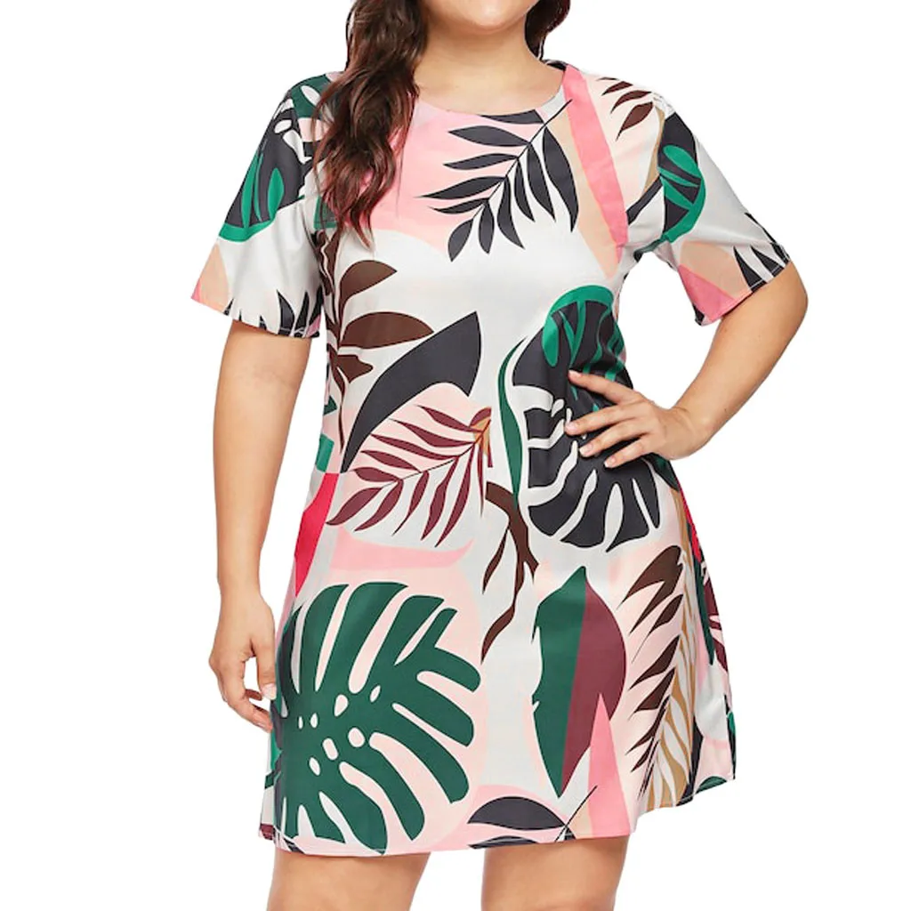 

Jaycosin clothes dress Fashion Women Sexy Plus Size Leaves Print Short Sleeve O-Neck Loose mini Bohemian 5xl Dress