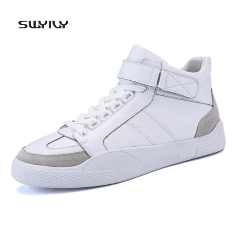 SWYIVY Men Skateboarding Shoes Hook&Loop Flat Heel 2018 New Autumn Men Sneakers Light Weight Genuine Leather Men Sport Shoes