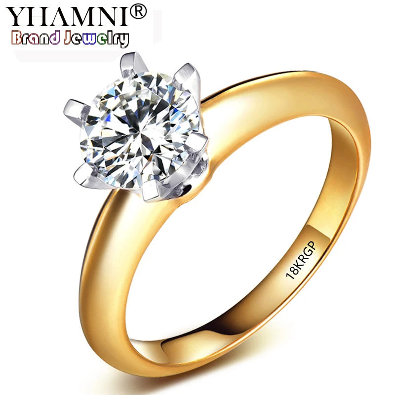 

YHAMNI 18KRGP Stamp Original Pure Yellow Color Gold Ring Natural Solitaire 8mm 2ct Sona Stone Engagement Wedding Rings For Women
