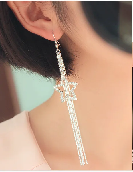 

Fashion Jewelry Silver Plated Hollow Star Tassel Long Dangle Earrings For Women Brincos 3E296