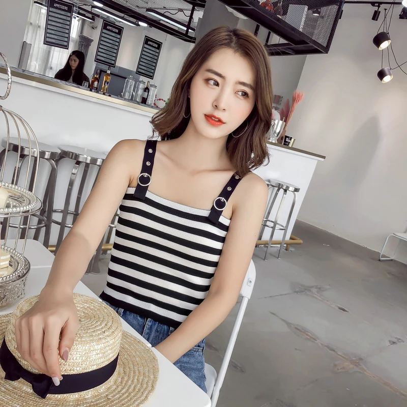 

Women Slim Knitting Tank Crop Tops Girls Knitted Cropped Stripe Tee shirts Camis Tops With Adjustable Straps For Female