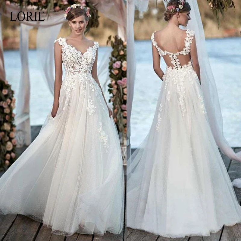 

LORIE 2019 Princess A-Line Wedding Dress Sleeveless Appliques vestido de noiva Backless Bride Dress White flower wedding gowns