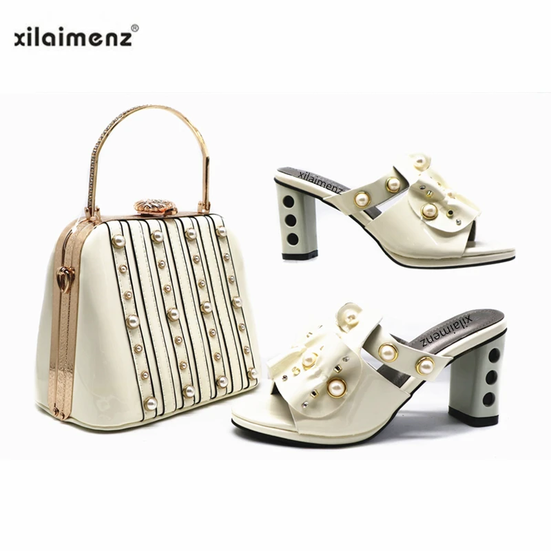 

White Wedding Shoes and Bag to Match High Quality African Square Heels and Super High Heel Shoes Matching Bag with Pearl