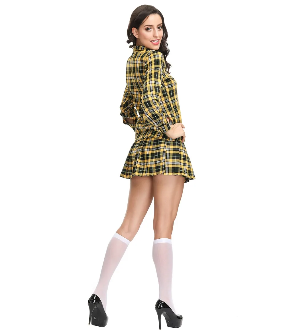 Sexy Long Sleeve Adult Naughty School Girl Costume Yellow Plaid Student Uniform Set Halloween Party Cosplay Schoolgirl Costumes