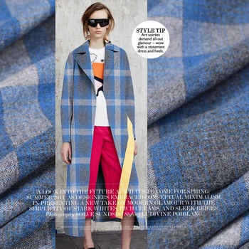 

Autumn and winter new gray blue, white, retro elegant, plaid thin, 90% wool tweed fabric, wide leg pants suit, windbreaker cloth