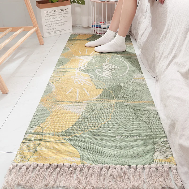 Хлопчатобумажный тканый японский прикроватный коврик, зеленый домашний коврик для спальни, полоска с кисточками, Противоскользящий коврик для гостиной, набор