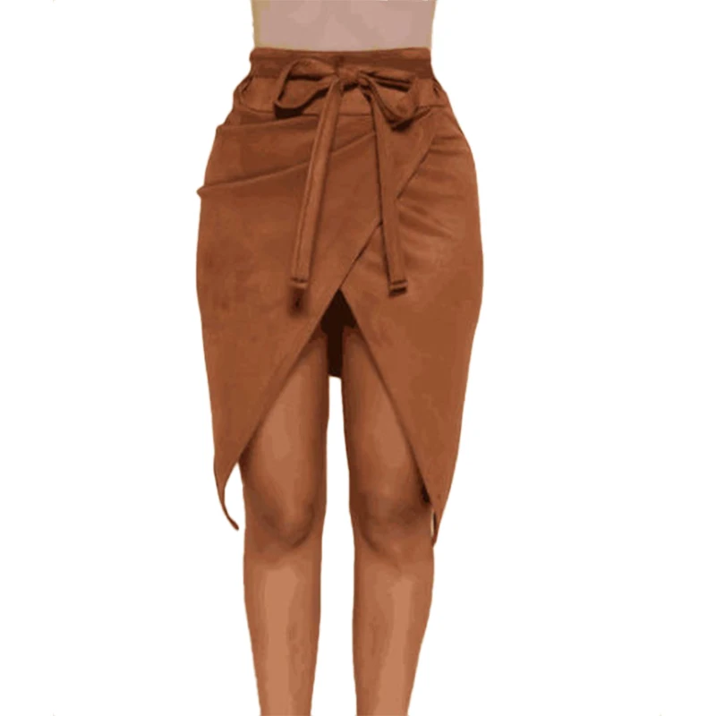 

2019 Fashion Autumn Winter Women Girls lace up leather suede pencil skirt Bandage high waist skirt Brown bodycon short skirts
