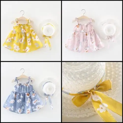 

3M-3Y Infant Toddler Kid Girl Dress Cotton Sleeveless Floral Suspender Summer Party Dress Sundress Hat 2Pcs Baby Clothes Outfits
