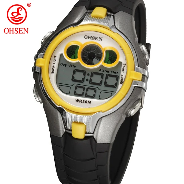 OHSEN, детские цифровые спортивные часы для мальчиков, будильник, хронограф, 7 цветов, светодиодный светильник, водонепроницаемые наручные часы, студенческие часы - Цвет: Цвет: желтый