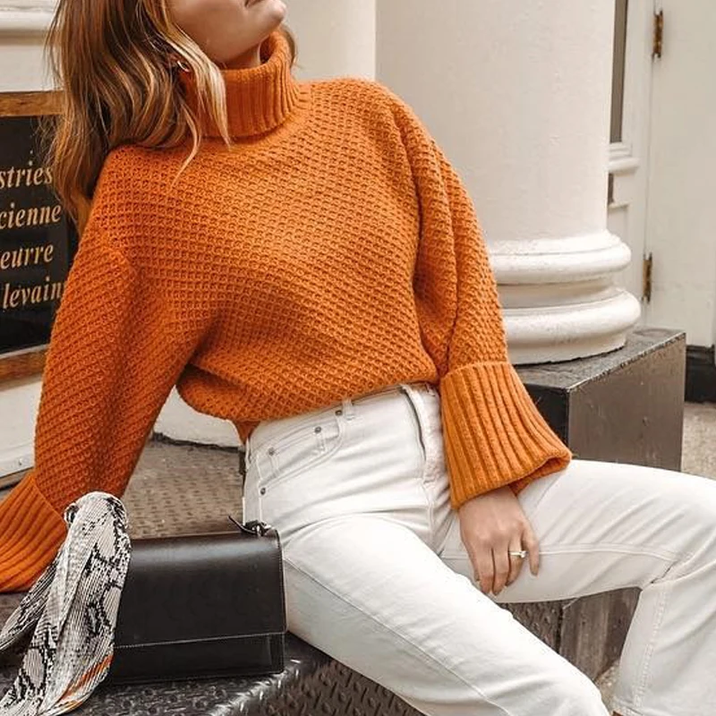 

Autumn Winter Pullovers 2019 Knitted Women Sweaters Women Turtleneck Pullovers Casual Orange Sweaters Loose Female Jumper