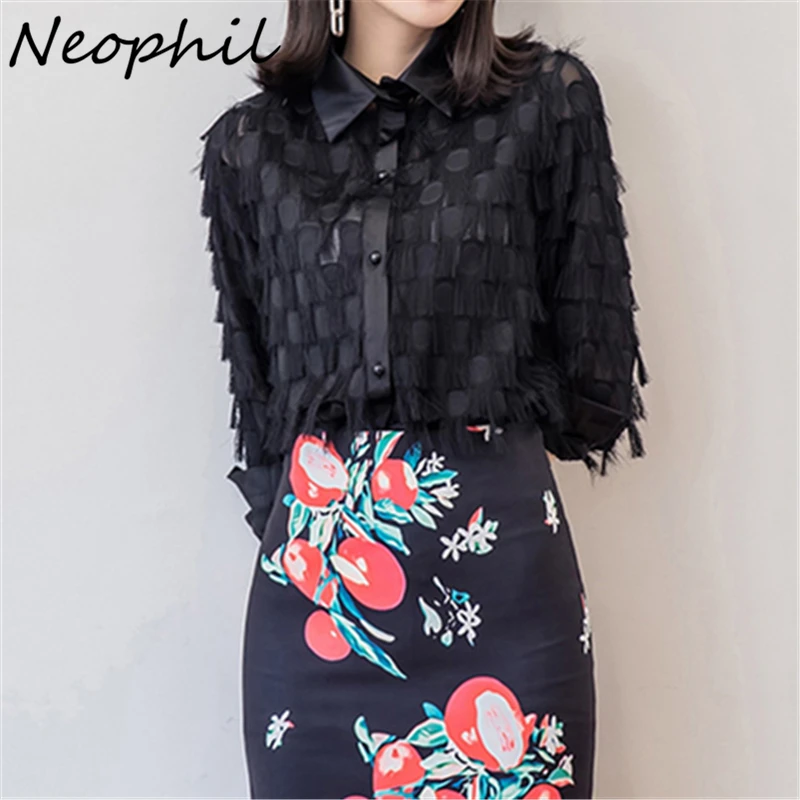 Neophil 2020 Summer Ladies Tassel Feathers Patchwork Long Sleeve Turn