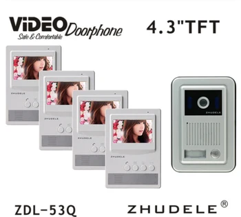 

ZHUDELE Luxury top quality 4.3" LCD monitor Speakerphone Color Video Door Phone Home security intercom system 1camera+4monitors