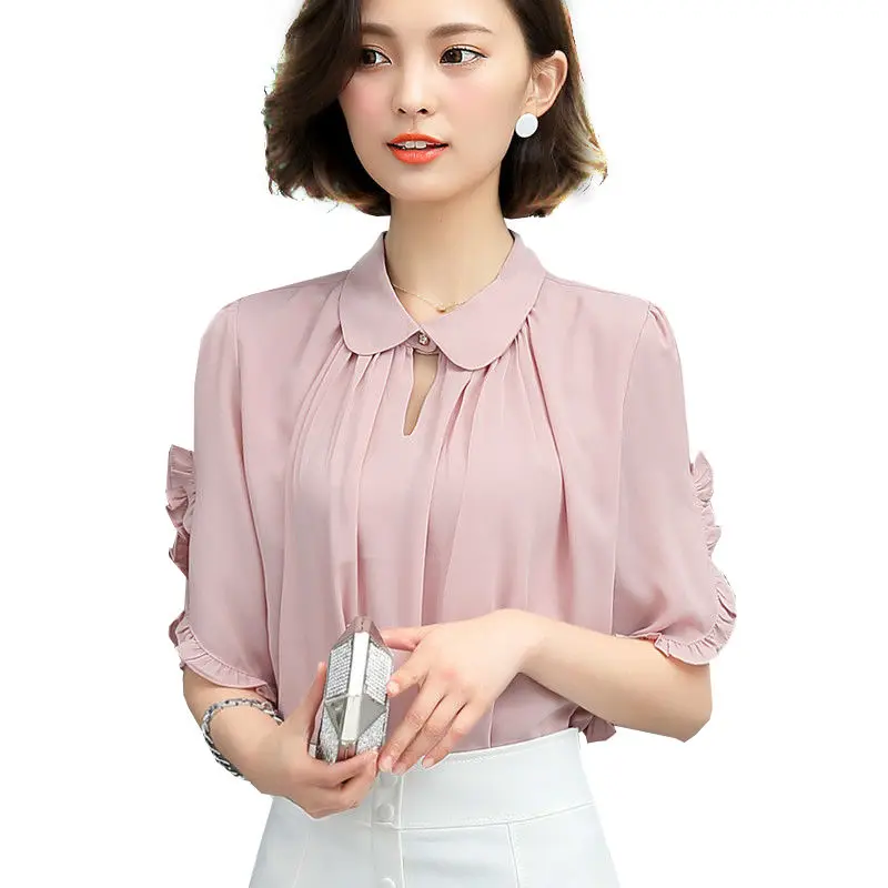 Pink women blouse white ruffle blouses 
