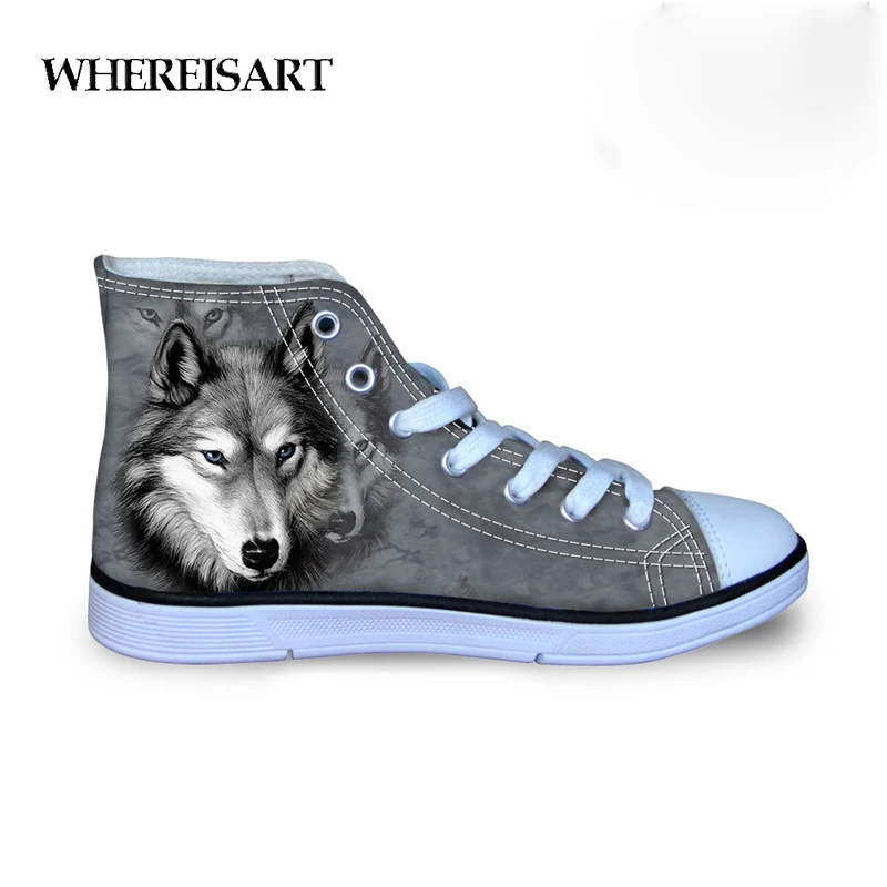 

WHEREISART High Top Men Flats Canvas Shoes Sneakers 3D Animal Cool Wolf Pattern Lace-up Vulcanized Comfort Shoes for Teen Boys