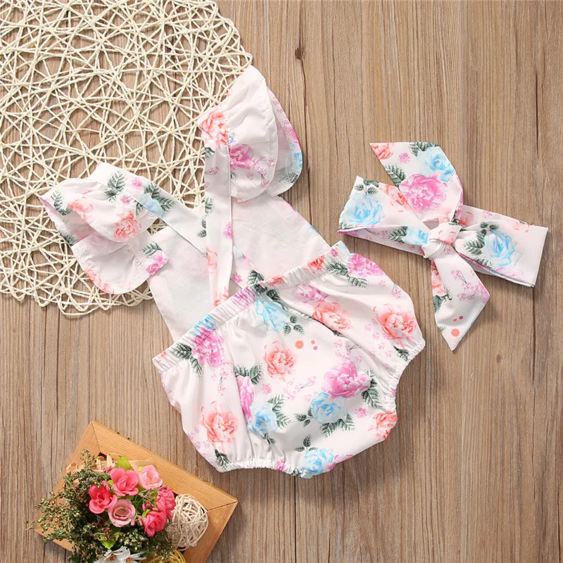 2pcs/Set Summer 2018 Cute Infant Baby Girls Floral Sleeveless Romper +Headband Summer Sunsuit Clothes Baby Costume 0-24M