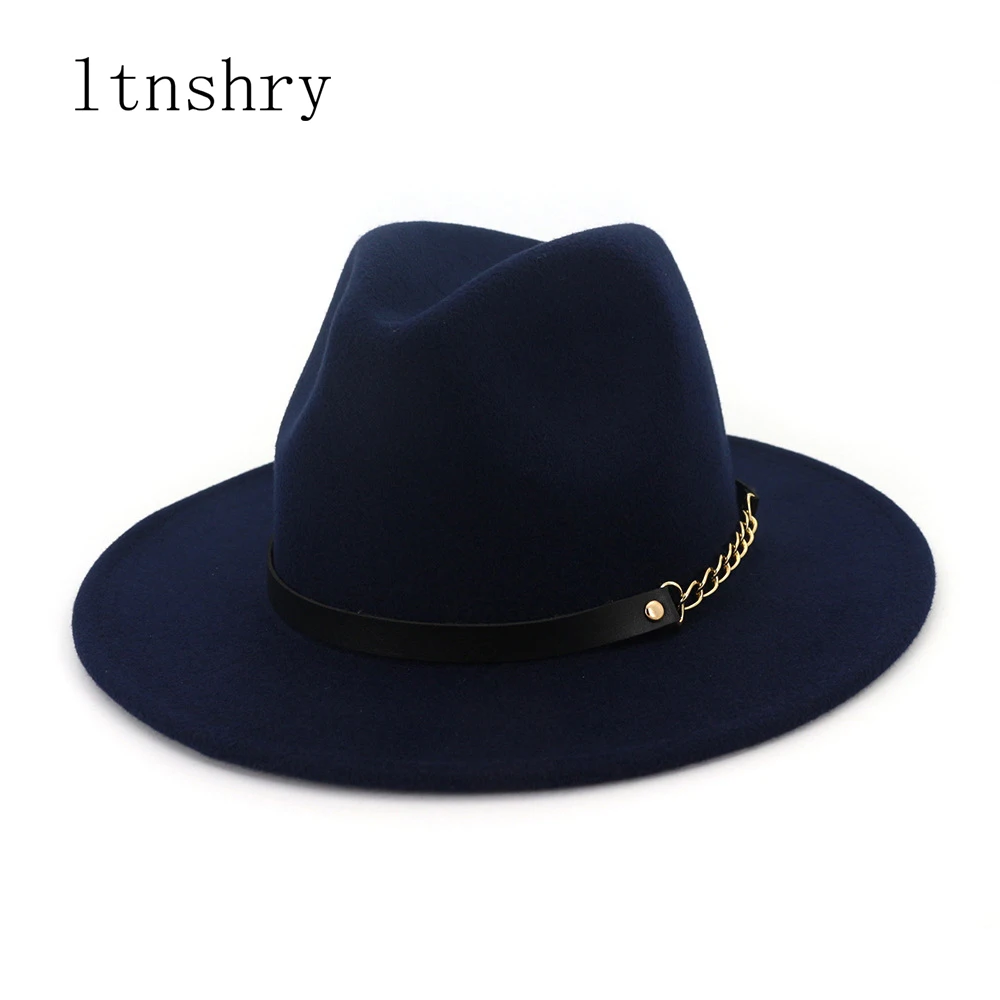 Autumn Winter Felt Fedora Hats With Belt Wide Flat Brim Jazz Trilby Formal Top Hat Panama Cap For Unisex Men Women - Цвет: 5