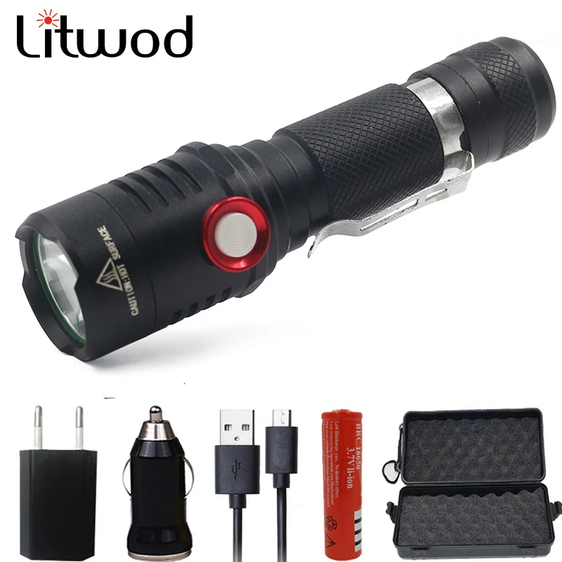 

Litwod Z20 Micro USB Rechargeable LED flashlight XM-L2 U3 Zoomable 18650 rechargeable battery flashlight torch 1 Mode ON / OFF