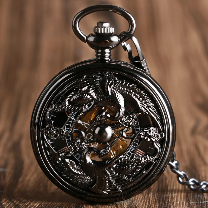 CAIFU ручным подзаводом Механические карманные часы Для мужчин римскими цифрами Изысканный полые черные краны Fob часы моды часы Подарок Сеть