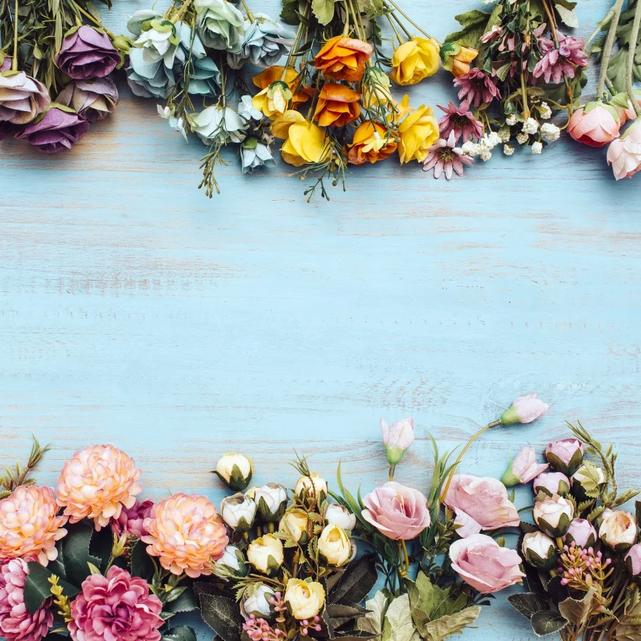 

Laeacco Blue Wooden Board Blooming Flowers Portrait Photography Backgrounds Customized Photographic Backdrops For Photo Studio