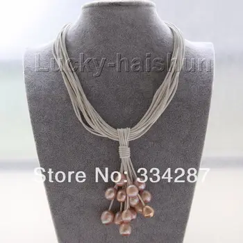 

16" 15row 14mm pink-purple pearls white leather Pendant necklace
