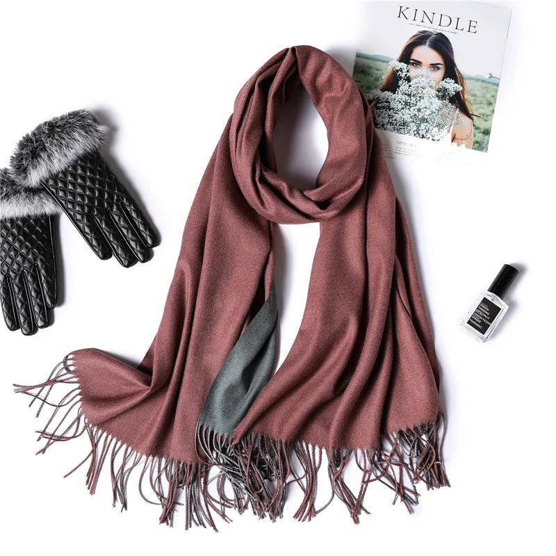 

[Lakysilk]Winter Scarf For Women Cashmere Warm Soft Two Tone Hijab Scarf Ladies Thick Brand Shawls&Wrap Tassel Design Pashmina