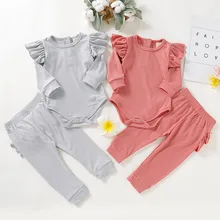 Осенние комплекты одежды для маленьких девочек, комбинезон с оборками для новорожденных, топы, штаны, однотонная домашняя пижама, комплект одежды для сна, комплект повседневной одежды