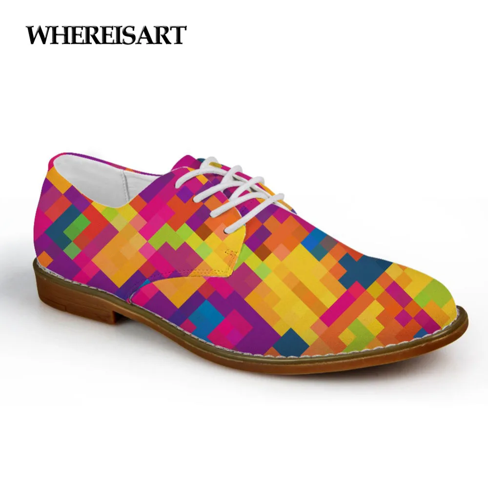 

WHEREISART Autumn 2019 Flats Women Shoes 3D Fashion Diamond Print Leather Oxfords Shoes for Teen Boys Men's Dress Shoes Oxfords