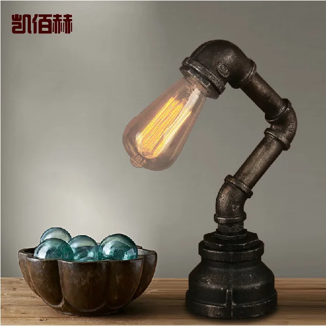 Nordic vintage industry mining loft style retro iron black water pipe desk lamp with Edison bulb | Лампы и освещение