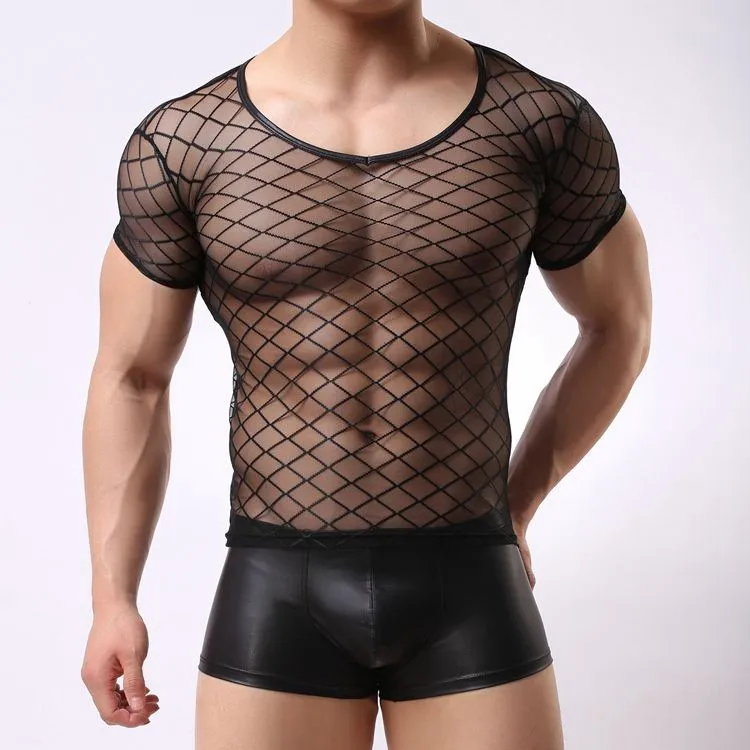 Пикантные Для мужчин прозрачные, со стразами из сетчатого материала сетчатая кофта сексуальное нижнее белье в полоску прозрачная