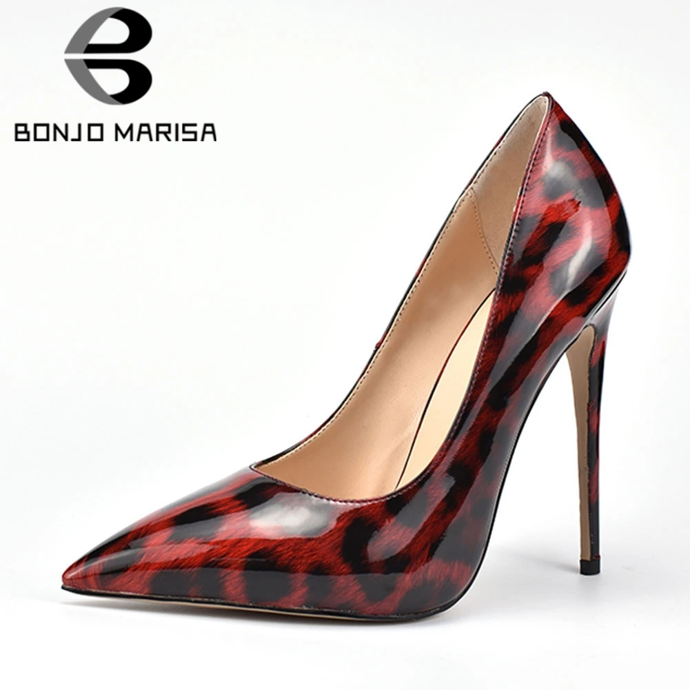 

BONJOMARISA New Fashion Patent Pu Thin High Heels Leopard Pointed Toe Shoes Woman Casual Womam Spring Autumn Pumps