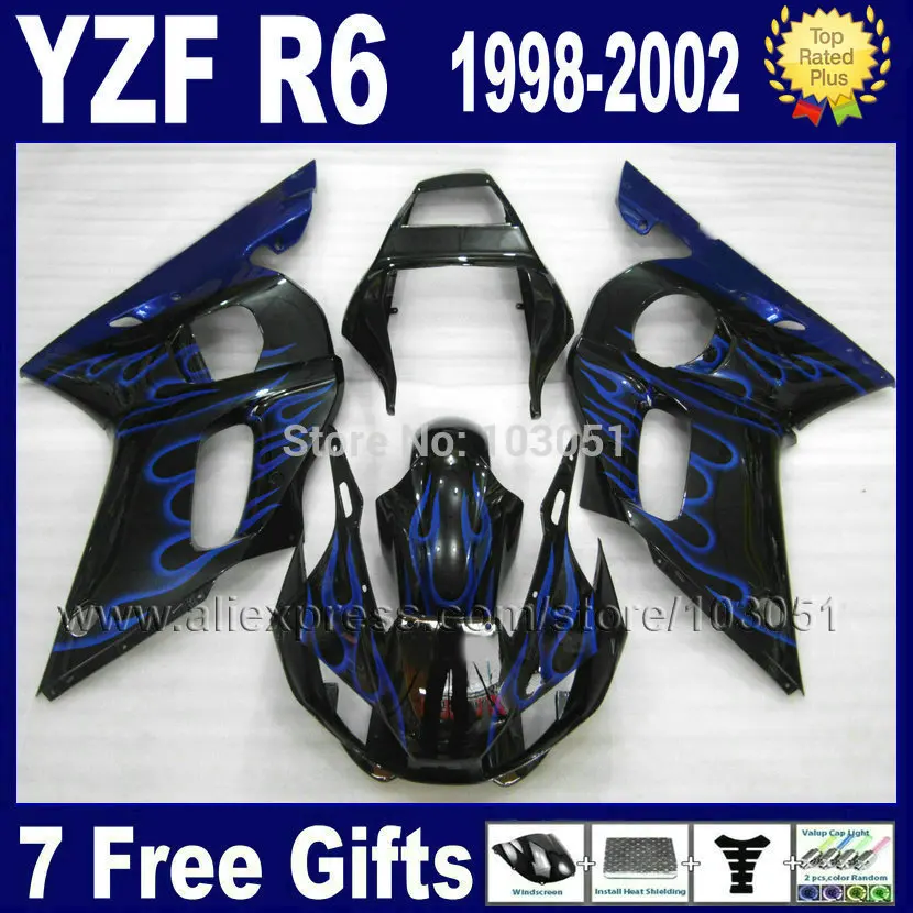Мотоциклетные Обтекатели для YAMAHA R6 1998 1999 2000 2002 blue flame black YZF 98 99 00 02 обтекатель