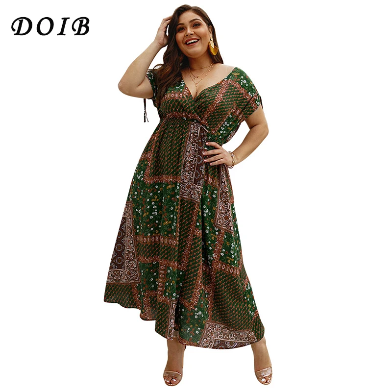 

DOIB Plus Size Dresses Boho Printed Patchwork Deep V Neck Tie Split Bodycon Women Dress XL XXL XXXL XXXX