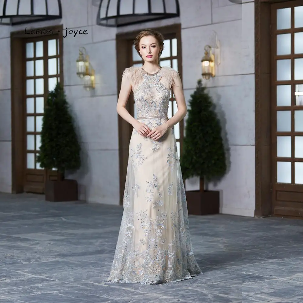 

Lemon joyce Elegant Evening Dresses Long 2019 New Styly O-neck Sleeveless Backless Feathers Prom Party Gowns robe de soiree