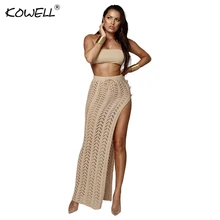 Лидер продаж Высокая Талия Трикотажные Сторона Разделение сексуальные юбки Для женщин модные выдалбливают кнопки Длинные Для женщин юбка пляж Повседневная юбка