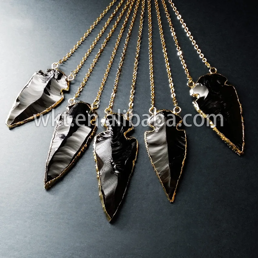 WT N153!Double hooks black obsidian necklace ,arrow heads necklace