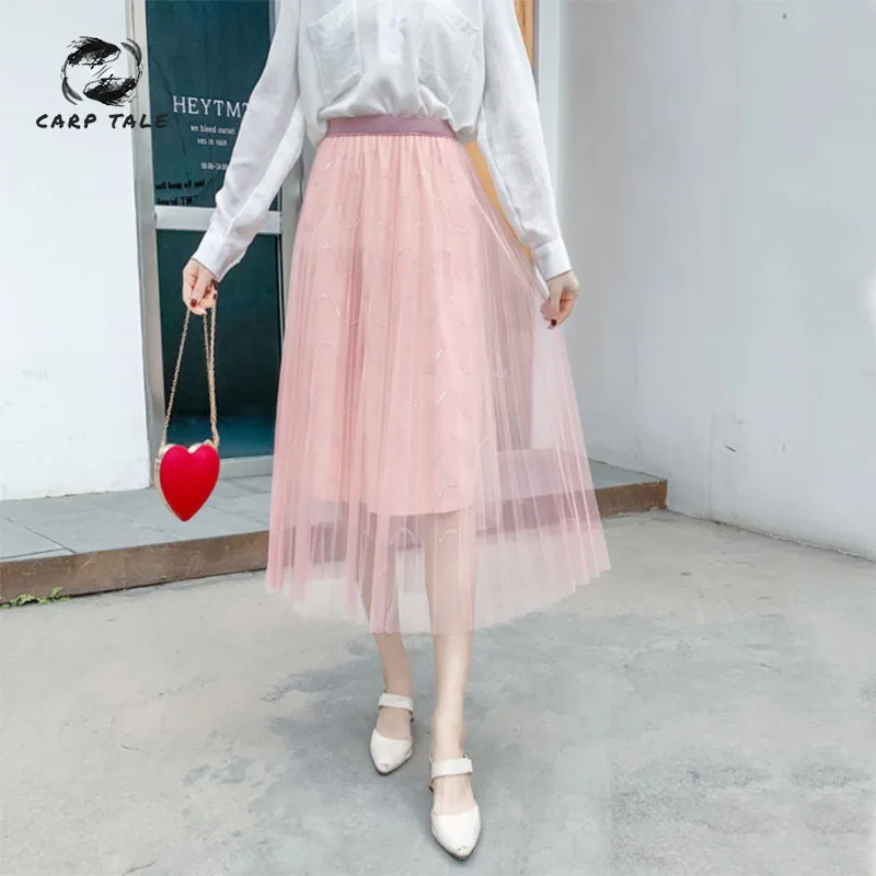 

2019 early spring new Korean version of the high waist sequined pleated skirt fashion Slim mesh skirt women's long section