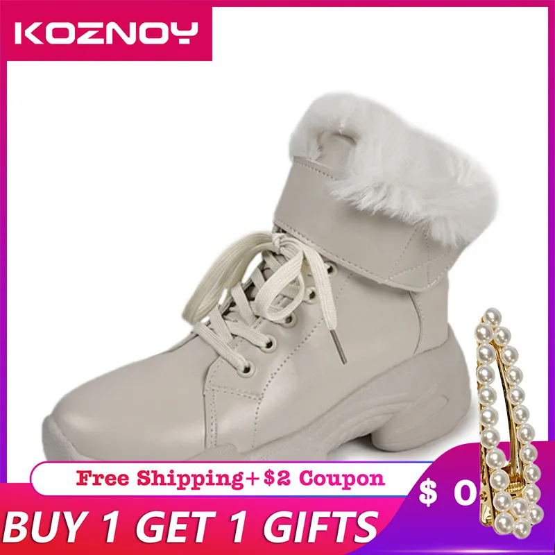 

Koznoy Ankle Boots for Women 2019 New Plush Boots Dropshipping Winter Keep Warm Shoes Hook Loop Platform Boots Female Boots